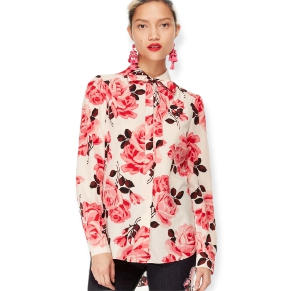 KATE SPADE Rosa Tie Neck Shirt Rambling‎ Roses Pink/Sand Size S